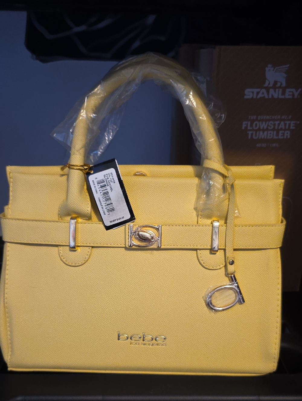 bebe Bright Yellow Top-Handle Satchel with Gold Hardware